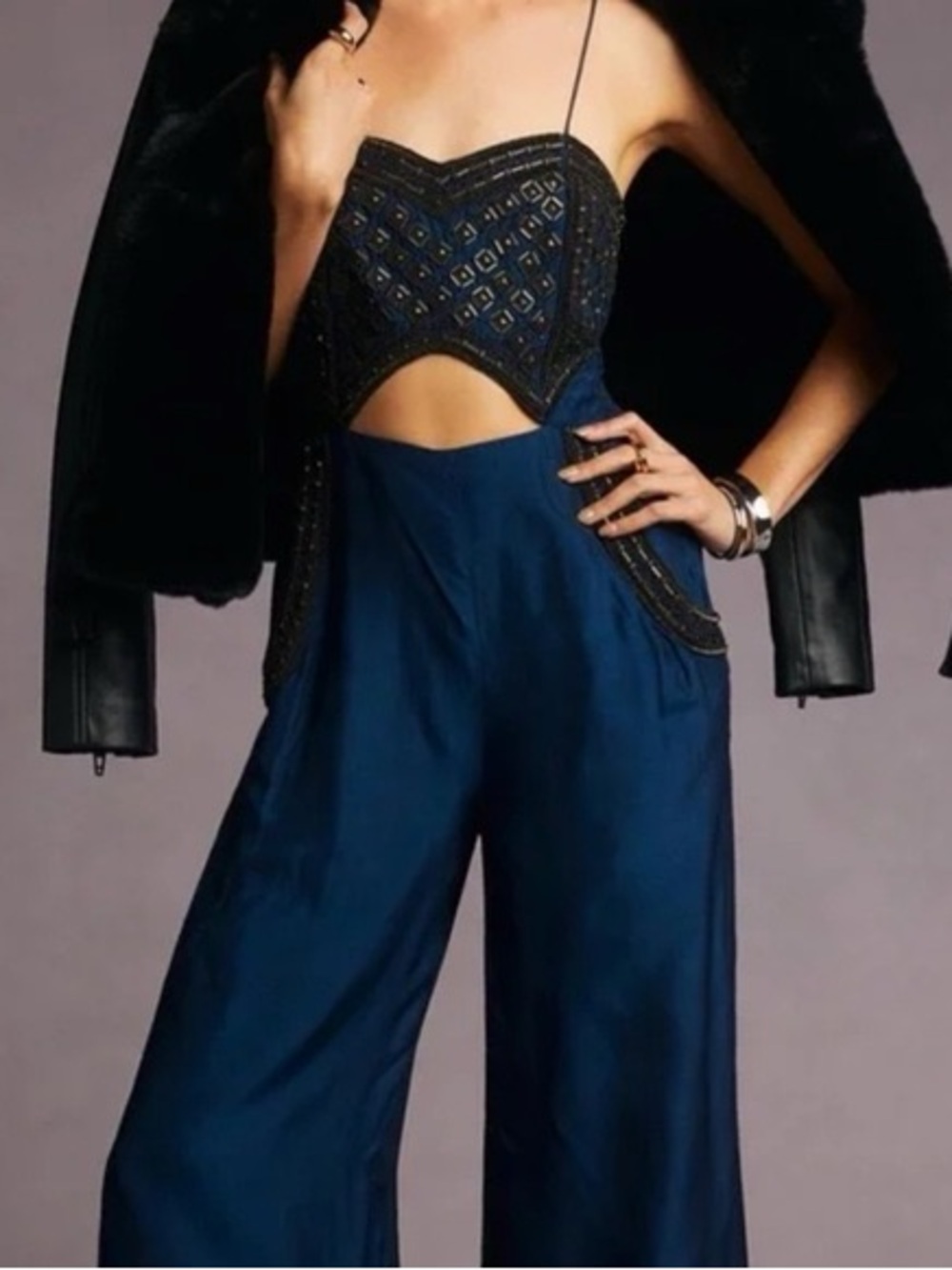 Anthropologie Pinnacle by Shruti Sancheti Embroidered Silk Cutout Jumpsuit